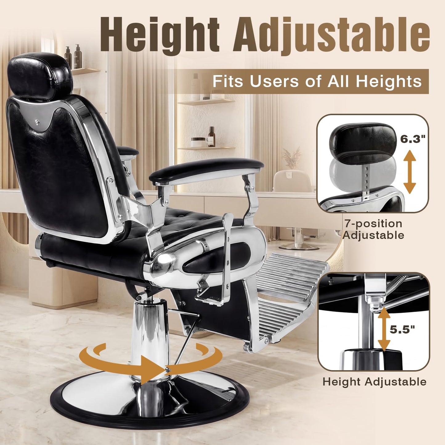 Oakvera Barber Chair with Stool, Heavy Duty Vintage Recline Hydraulic Barber Chair, 360° Swivel All Purpose Professional Salon Chair Barber Shop Beauty Salon Shampoo Equipment, Black and Silver