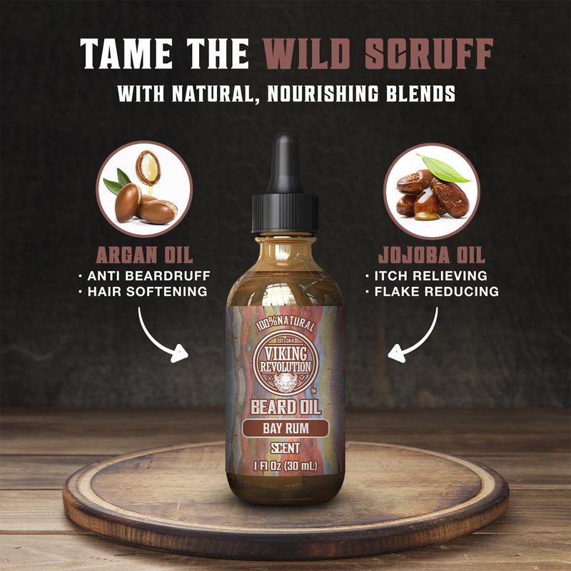 Viking Revolution Bay Rum Beard Oil for Men - Natural Softener and Conditioner with Argan & Jojoba Oils for Strengthening and Moisturizing