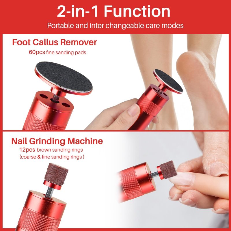 Electric Foot File, Callus Remover for Feet,Adjustable Speed 2 in 1 Electric Foot File Nail Grinder with 60 Pcs Sandpaper Discs, Tool for Dead Skin and Calluses,Gift for Women, Men- Red