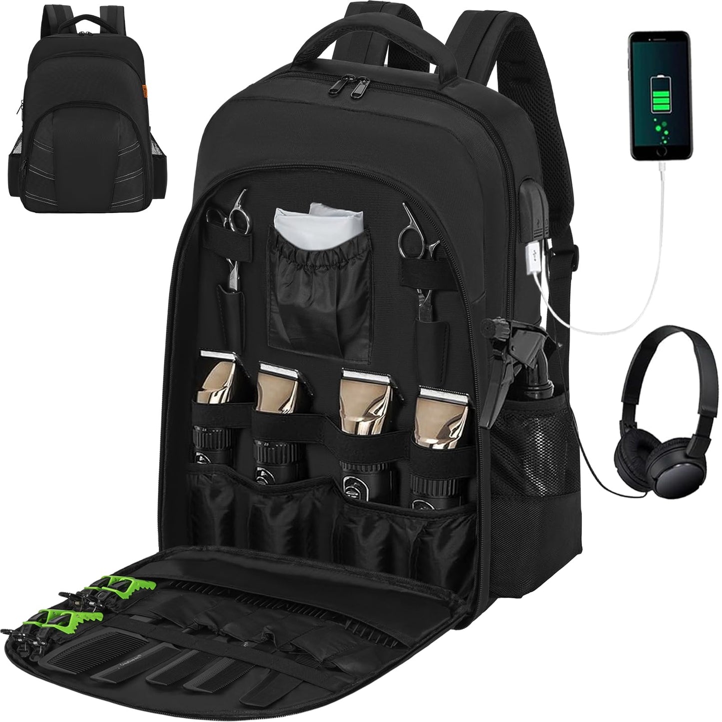 OUUTMEE Barber Supplies Bag, Portable Backpack Bags Organizer for Clippers and Supplies, Travel Hairstylist Clipper Case for Barber Hair Cutting Kits with USB Port