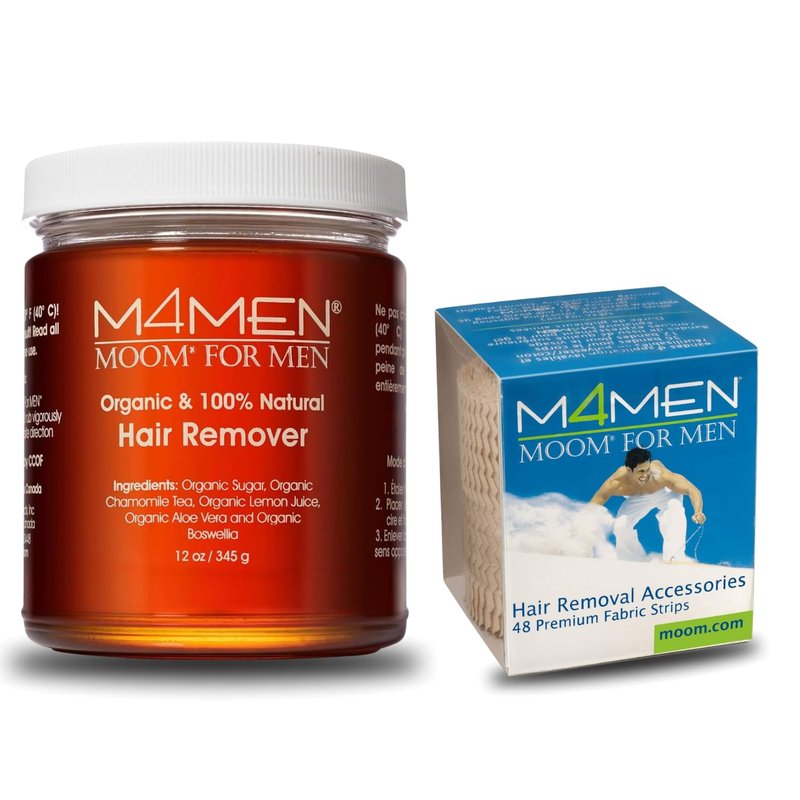 MOOM Organic Sugar Wax Men Hair Removal Kit with 12 oz Sugar wax with 48 Reusable Wax Strips for Face, Chest, Back & Legs - Natural Waxing Kit for Men, Soft Wax Alternative - (Sticks not Included)