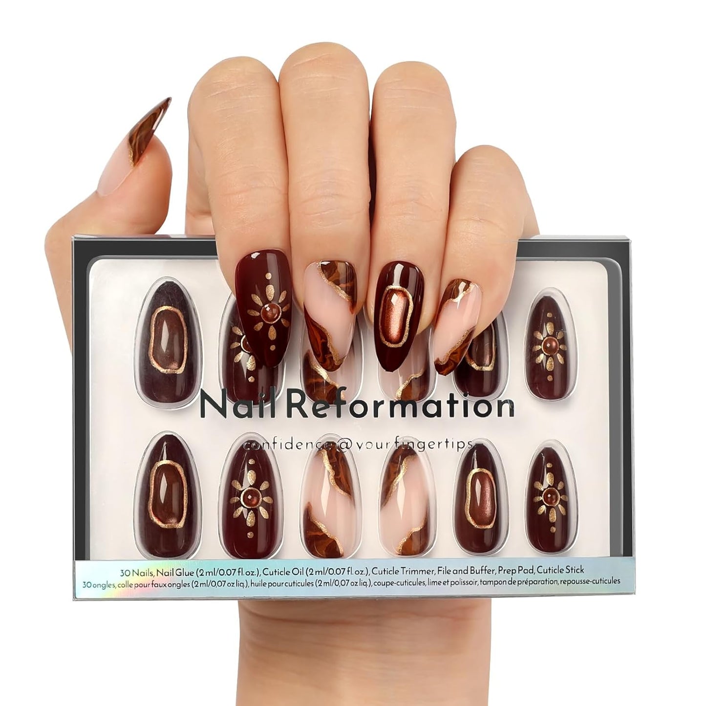 Press On Nails - Rose Gold Foil Medium Almond Fake Nails | Brown Blush Shimmer, Glossy Finish, Reusable - 30 Nail Kit with Glue, 15 Sizes