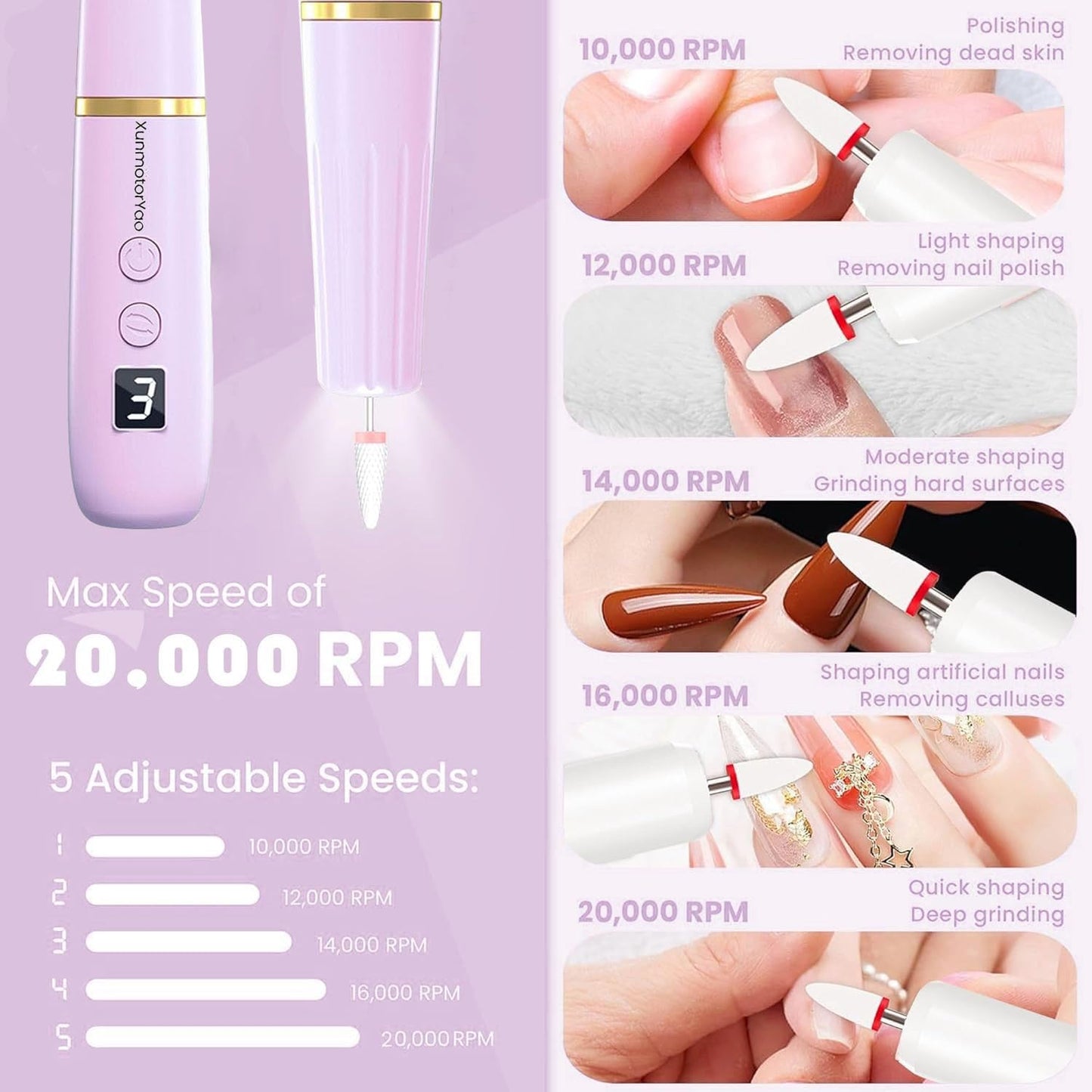 Electric Nail Drill File - Cordless 12-in-1 Acrylic Gel & Dip Kit | Portable Rechargeable Manicure Tools (Purple)