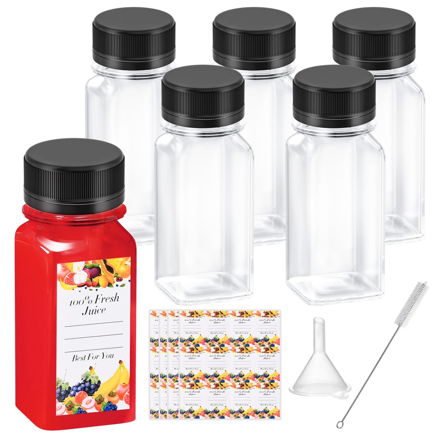 6pcs 2oz Shot Bottles with Caps, Empty Juice Bottles for Juicing, Reusable Containers with Labels, Funnel and Brush for Milk Ginger Shots Drinking,Other Beverage