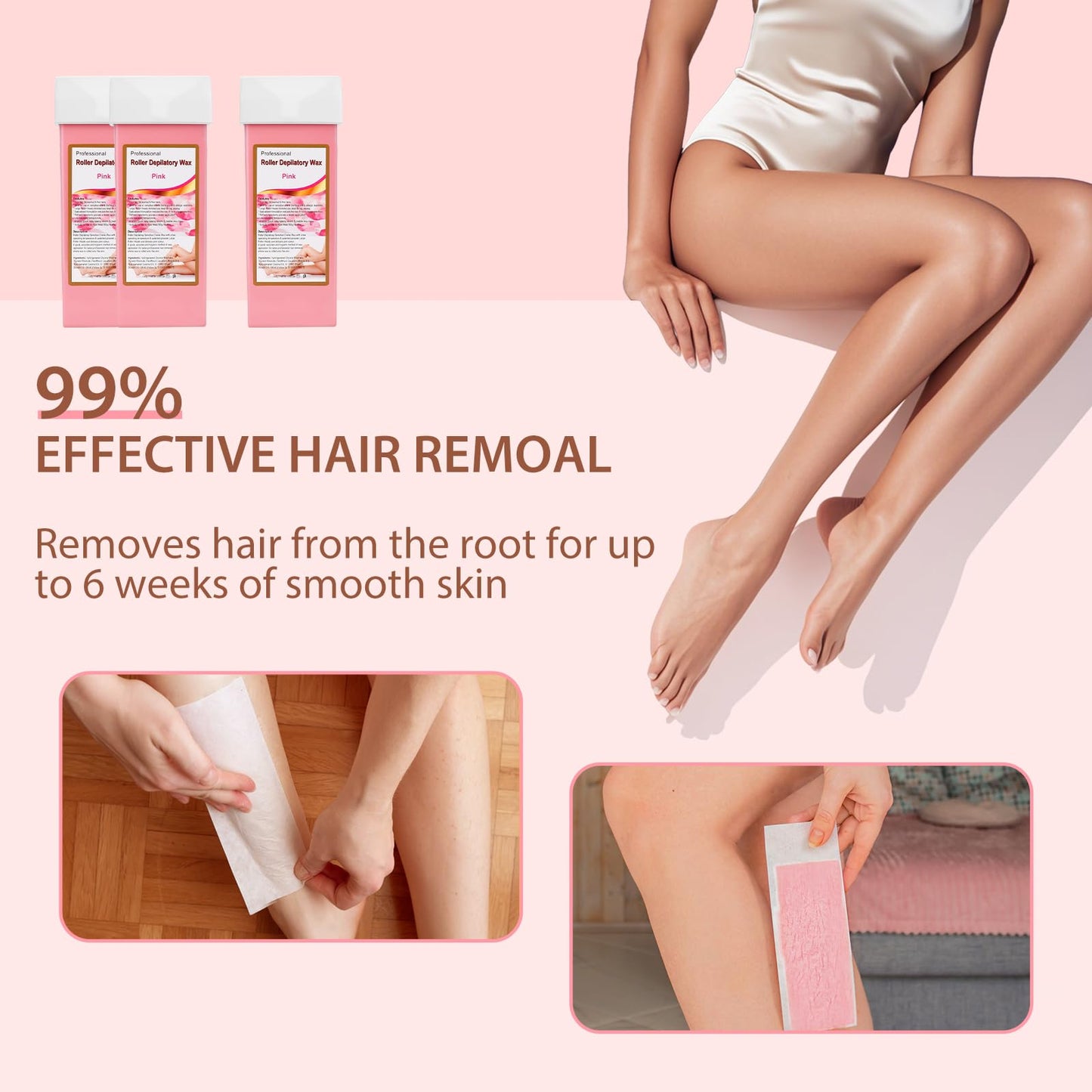 Roll on Wax Refill Kit: 3 Honey Wax Roller Refill & 10 Cleaning Wipes for Hair Removal - Depilatory Cartridge for Body Leg Arm (100g/3.53oz, 3 Pack)