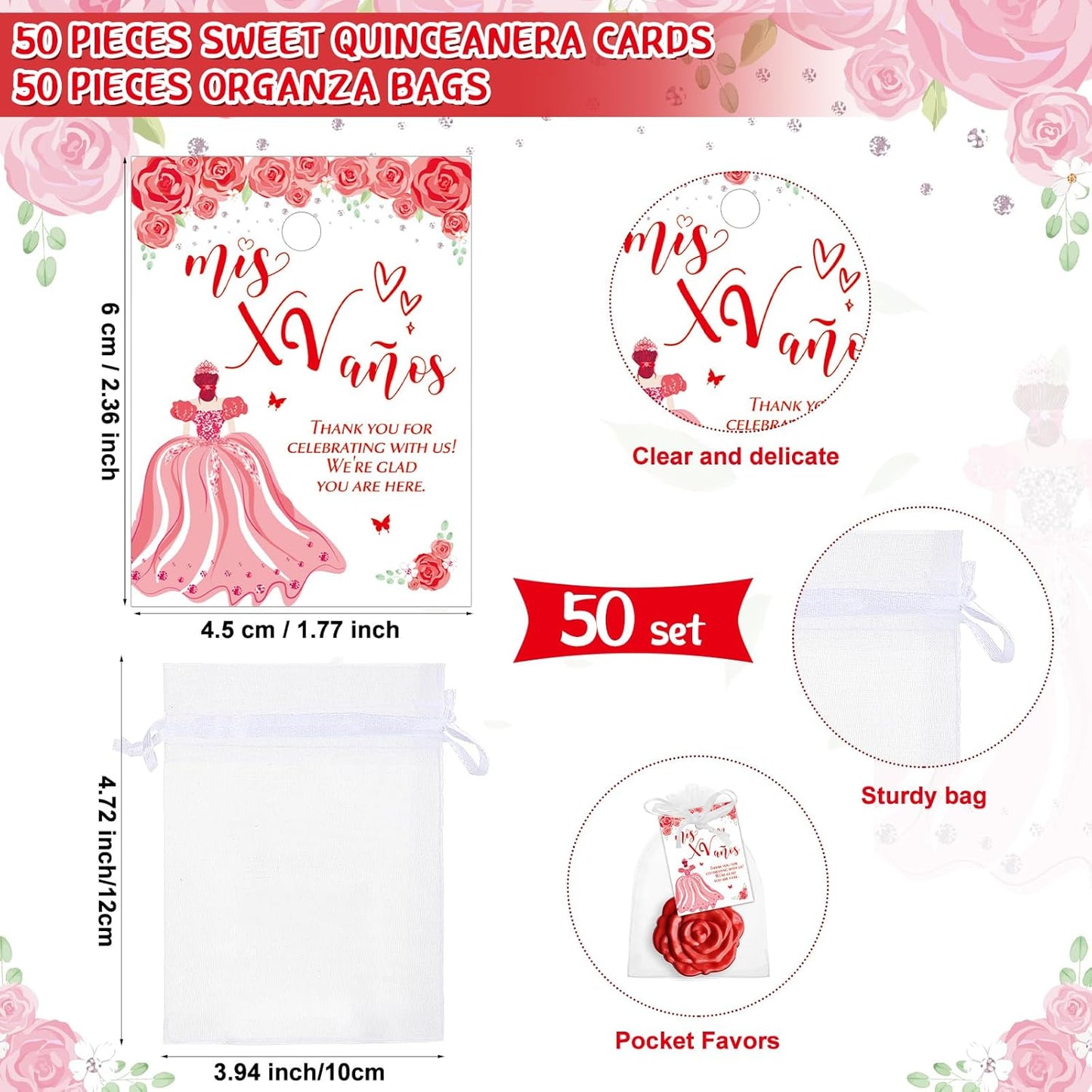 Quinceanera Party Favors - 50 Sets Rose Design Pocket Mirrors | Thank You Cards & Organza Bags (Red)