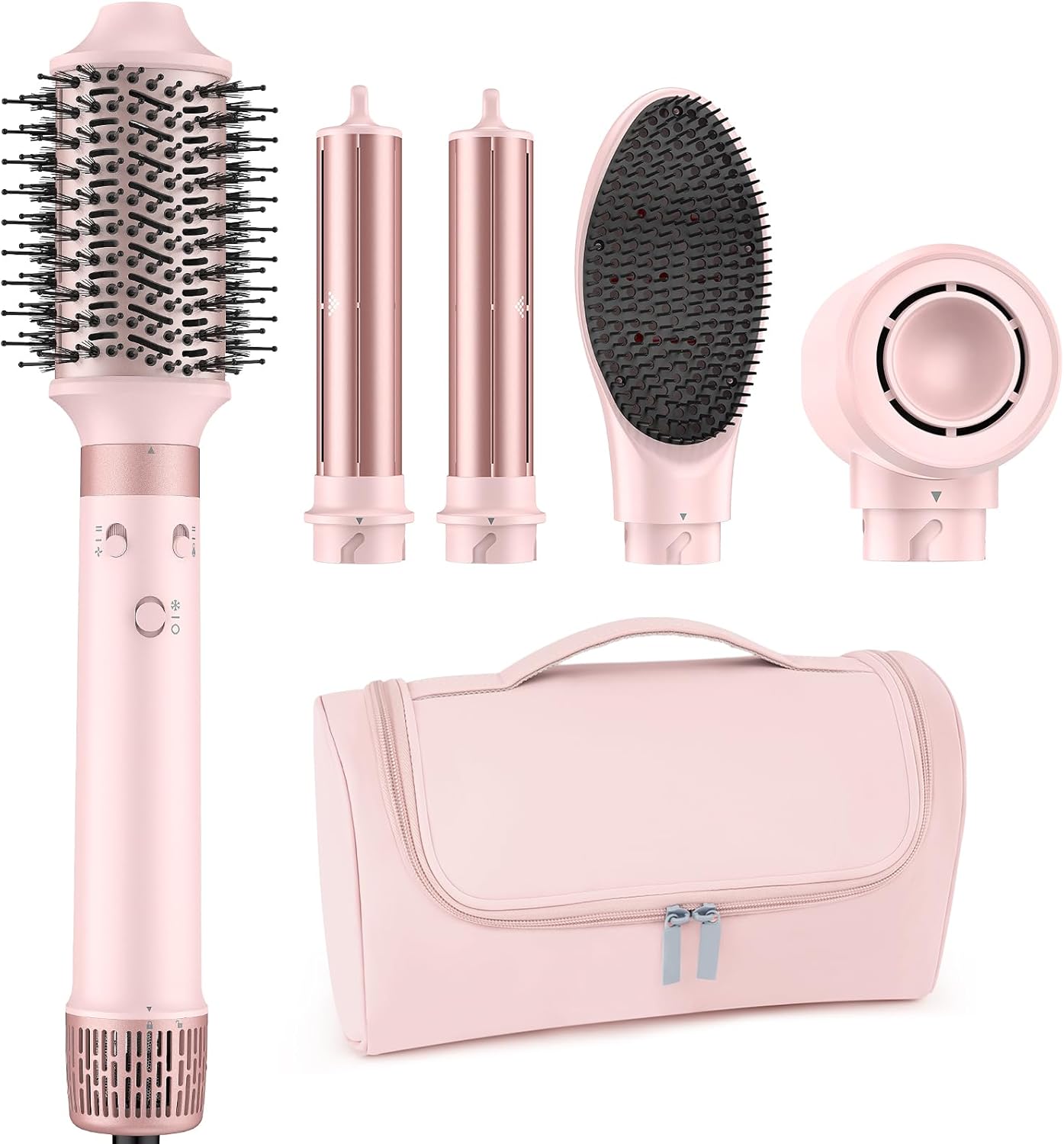 Dual Voltage Hair Dryer Brush - 5 in 1 Hot Air Styler with Auto Wrap Curlers | Fast Drying, Volumizing, Peach Pink