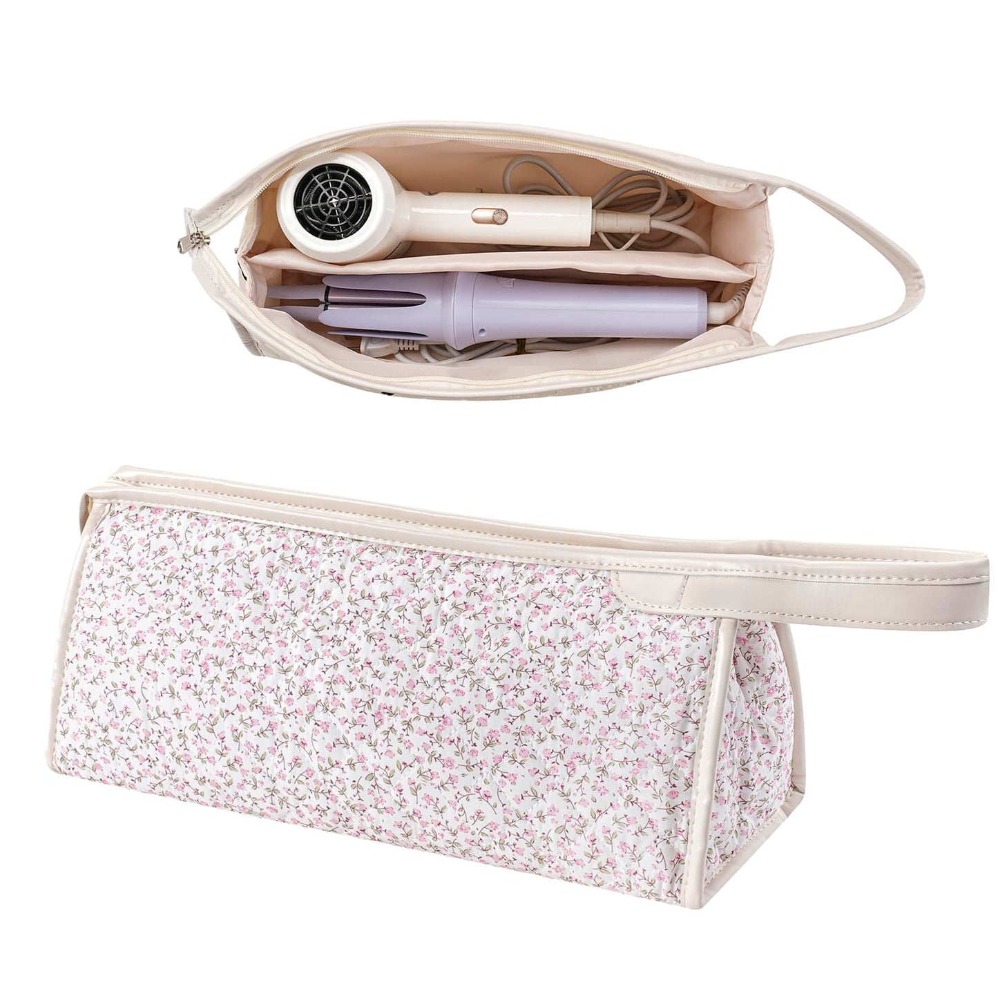 RSRSLEII Large Quilted Hair Tools Travel Bag,Aesthetic Hair Styling Accessories Storage Case for Flat Irons,Straightener,Curling Iron,Hair Dryer,Dyson Airwrap Travle Bag（06Small Pink Flower）
