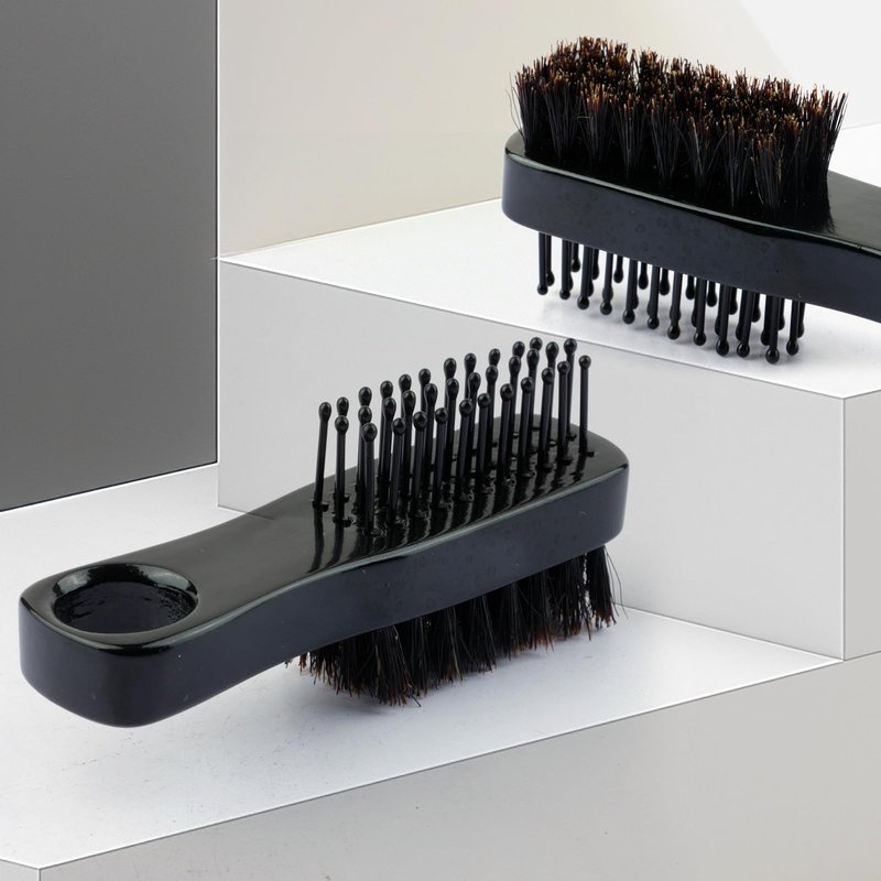 2Pcs Mini Barber Fade Brush for Men - Double Sided Hair Brush with Natural Boar Bristles & Nylon Teeth, Wooden Handle Beard & Hair Styling Tool for Cleaning Loose Hair, Scalp Massage & Grooming