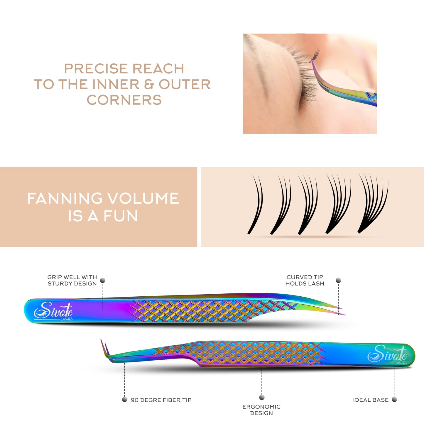 SIVOTE Eyelash Extension Tweezers Fiber Tips Japanese Steel, Set of 6 – Curved, Dolphin, 90° 45° Volume Boot & Slight Curved Tweezer – Professional Lash Tweezers for Lash Extensions Rainbow
