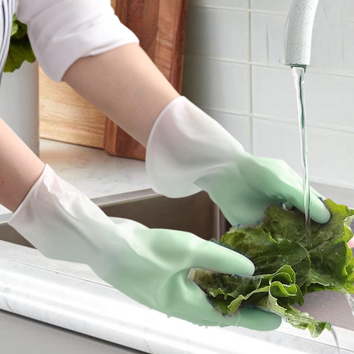 Long Cuff Cleaning Gloves Waterproof Reusable Household Gloves Anti Slip Grip for Kitchen Dishwashing Bathroom Garden Tasks (Green, L)