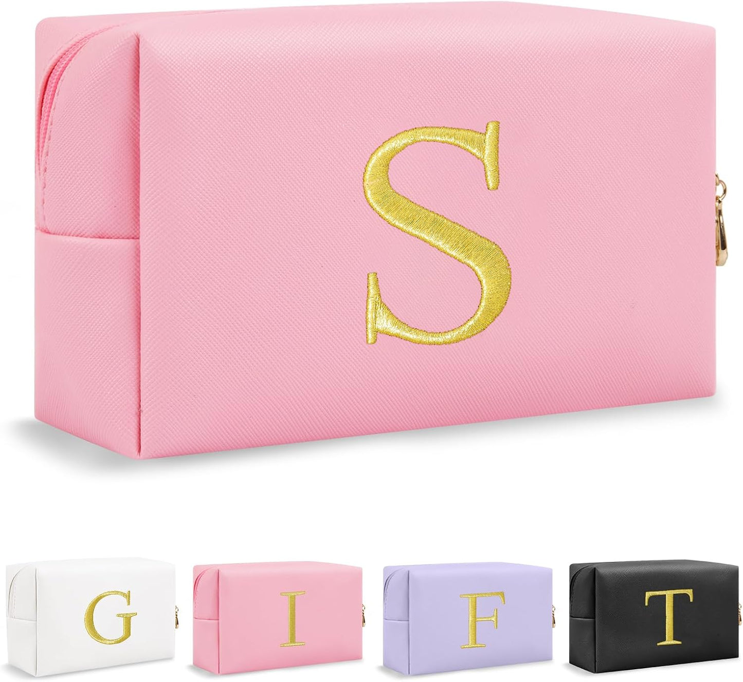 Personalized Initial Makeup Bag - Gold Embroidered Cosmetic Bag for Teens | Custom Travel Toiletry Bag (Black)