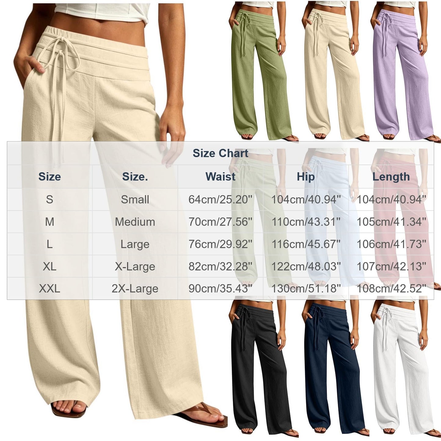 Hvyesh Wide Leg Linen Pants for Women Loose Flowy Palazzo Drawstring Elastic Waist Trousers Summer Beach Vacation Clothes