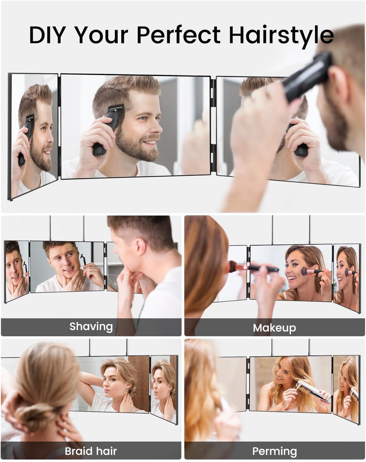 3 Way Mirror-360 Mirror for Self Hair Cutting, Adjustable & Foldable Trifold Barber Mirror with Telescoping Hooks, Barber Accessories for Men Shaving DIY Haircut Women Dyeing Makeup(Black Without LED)