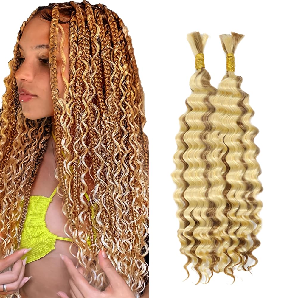 613 Boho Human Hair Blonde Boho Hair For Braiding Highlight Blonde Braiding Pre Stretched Deep Curly Wave Ombre 613 Braids No Weft HuxoWax Color 613 Braids 14 14 Inch