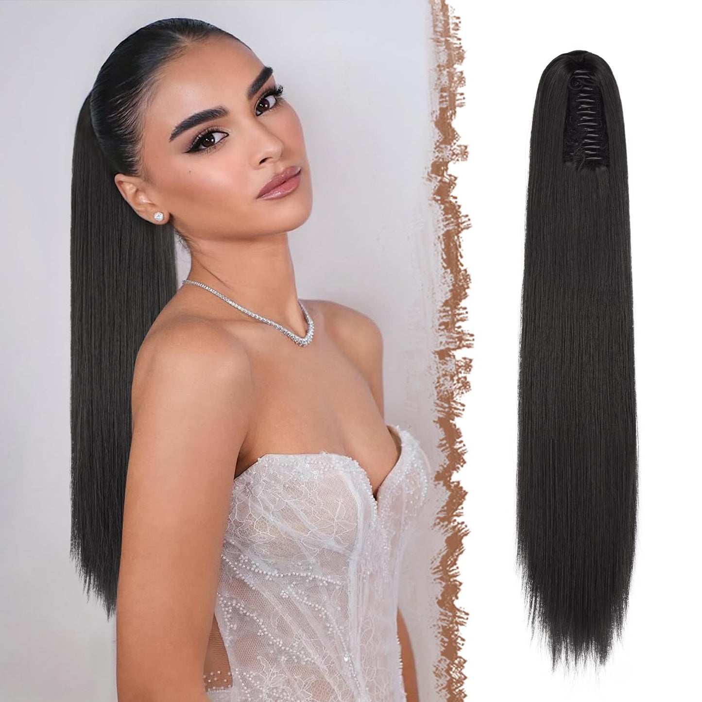 Claw Ponytail Extensions - Long Dark Brown Straight Hairpieces | 25-Inch Synthetic Clip-In Tails