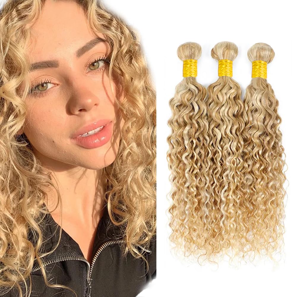 P27/613 Highlight Bundles Human Hair Water Wave Bundles 24 24 24 Inch Honey Blonde Unprocessed Brazilian Virgin Hair 3 Bundle 50 Gram Per Bundle Deals Quick Weave Hair Extensions
