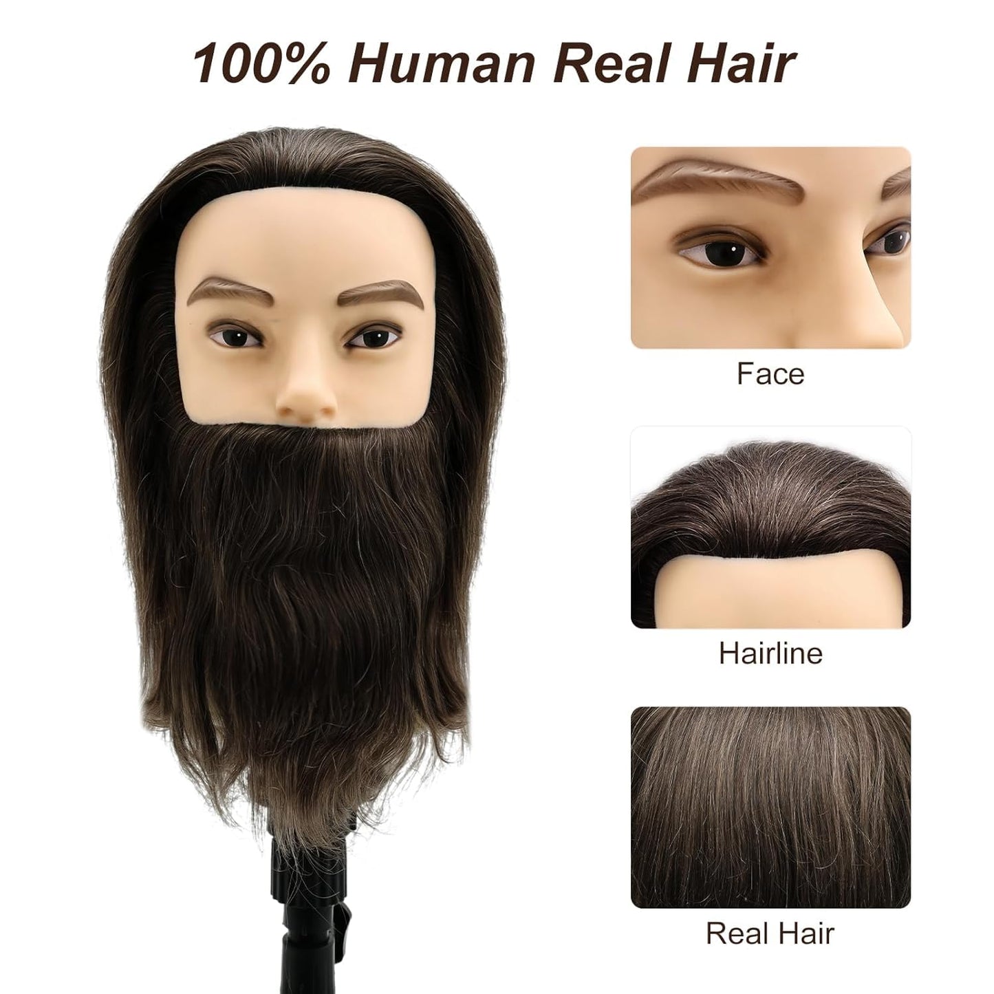 Barber Mannequin Head, 8" Male Mannequin Head 100% Real Human Hair With Beard, Professional Training Doll Manikin Head for Practicing Hair Cutting and Styling, Black