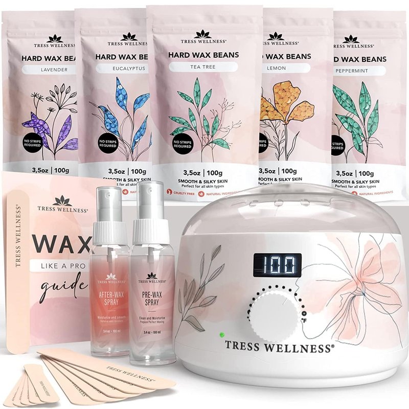 Tress Wellness Award Winning Waxing Kit for Sensitive Skin, Safe for Face & Skin, Easy to Use, At-Home Kit for Face, Bikini, Brazilian & Full Body - Digital Display, Watercolor White