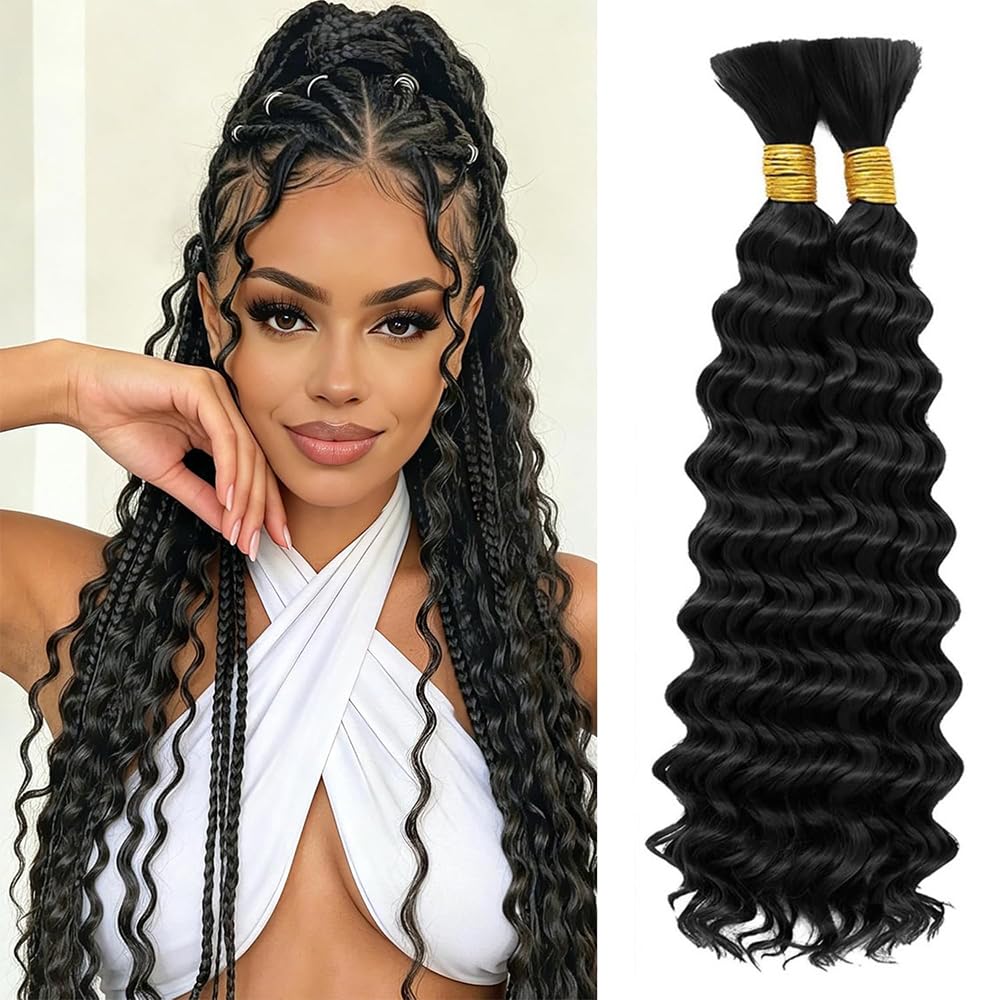 Human Braiding Hair 20 20 Inch 2 Bundle 100g Deep Wave Bulk Human Hair for Braiding No Weft Curly for Boho Braids Wet and Wavy Braiding Hair