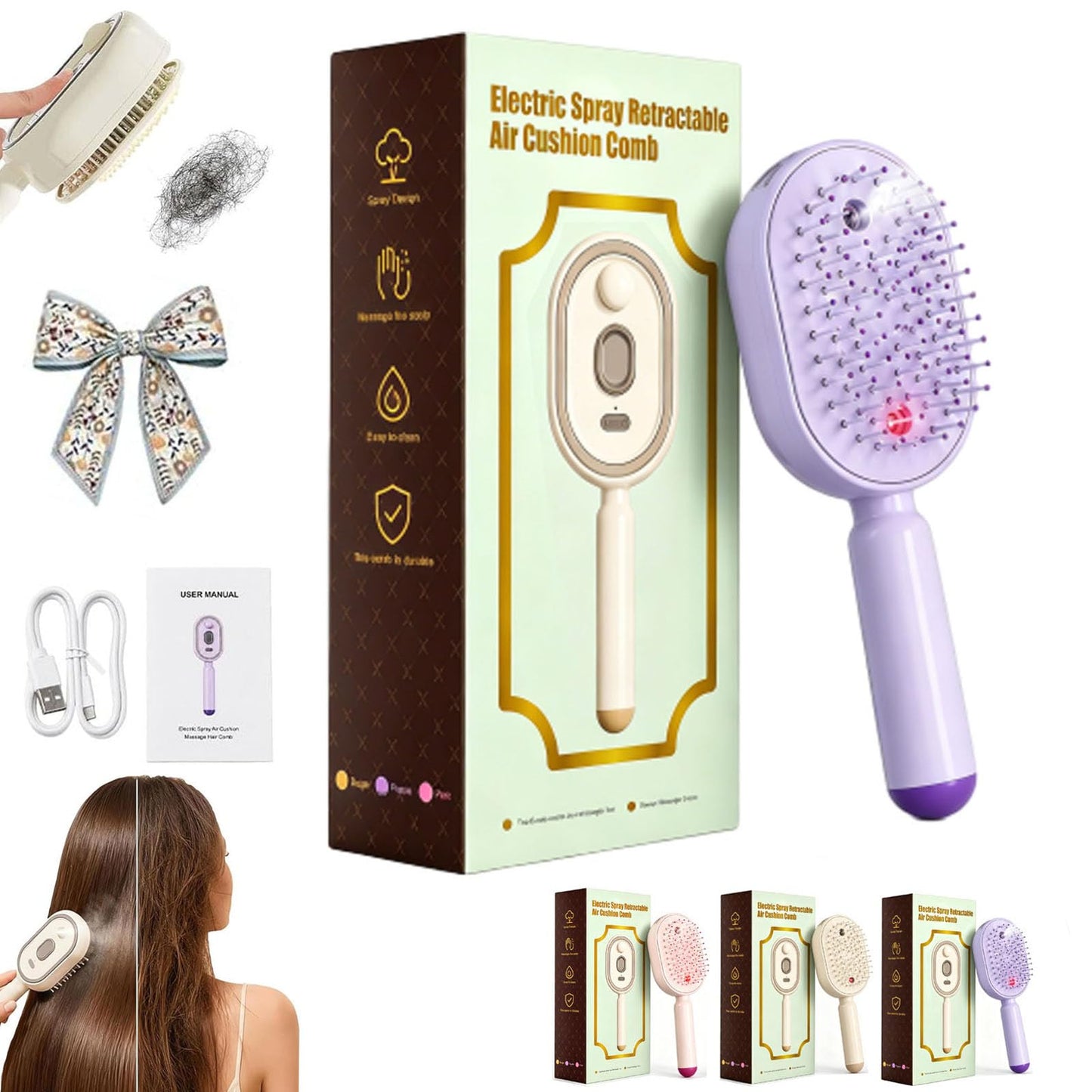 -Electric Spray Air Cushion Massage Comb, Last Mature Hair Brush, Detangling & Anti-Static and Self-Cleaning, Electric Spray Hair Cushion for Frizzy Hair (Purple)