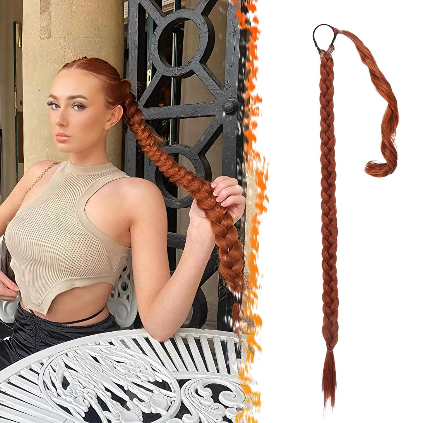 30 Inch Long Braided Ponytail Extension - Copper Red Wrap Around Hairpiece | Synthetic Hair for Women