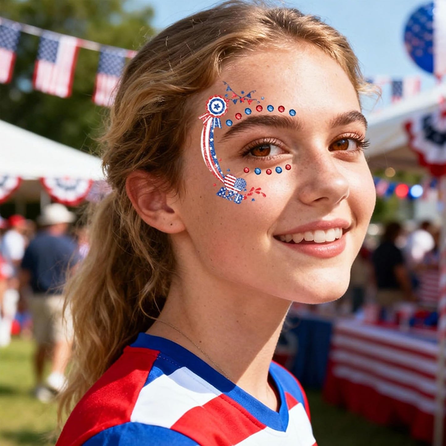 Red White and Blue Glitter Freckles Face Tattoos - 12Pcs Patriotic Temporary Makeup Stickers for 4th of July | Rhinestone Accents