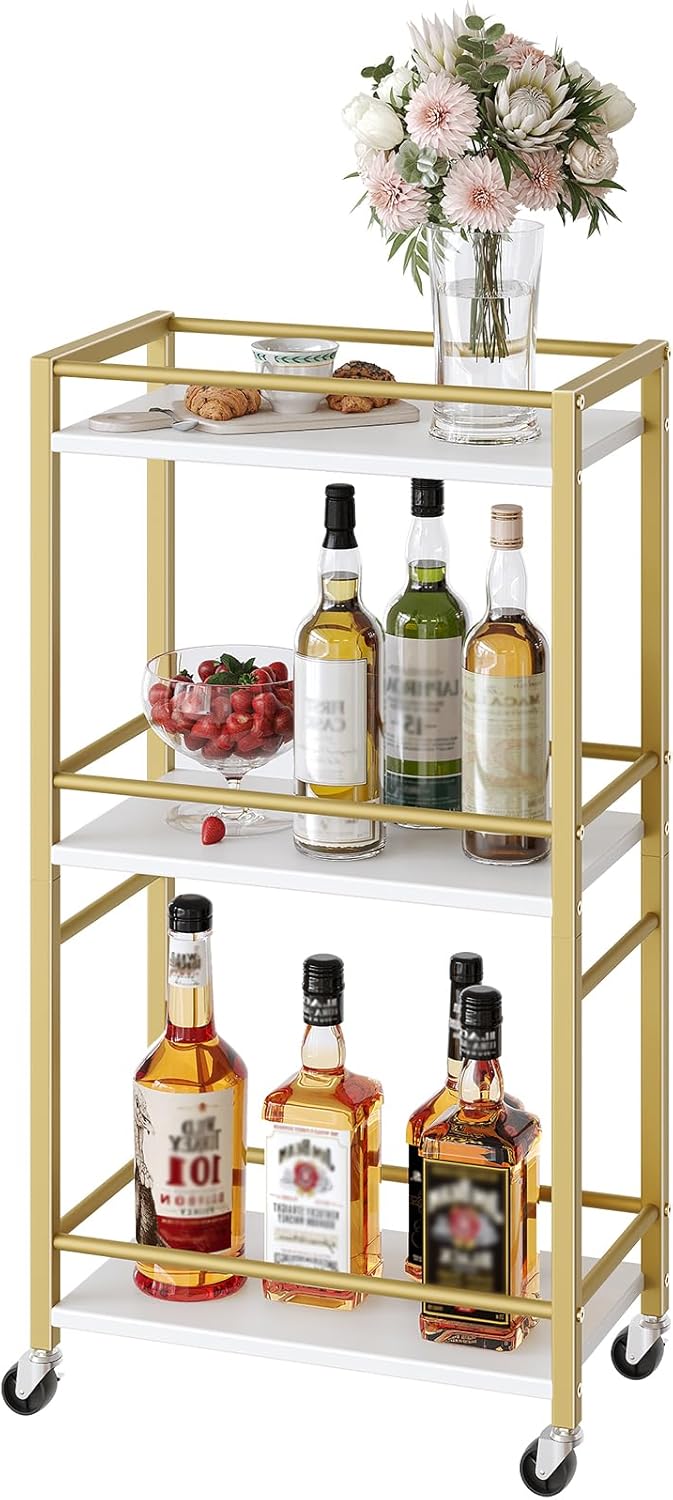 Bar Cart - 3-Tier Rolling Drink Cart on Wheels for Home | Gold Mini Bar Serving Cart for Small Spaces