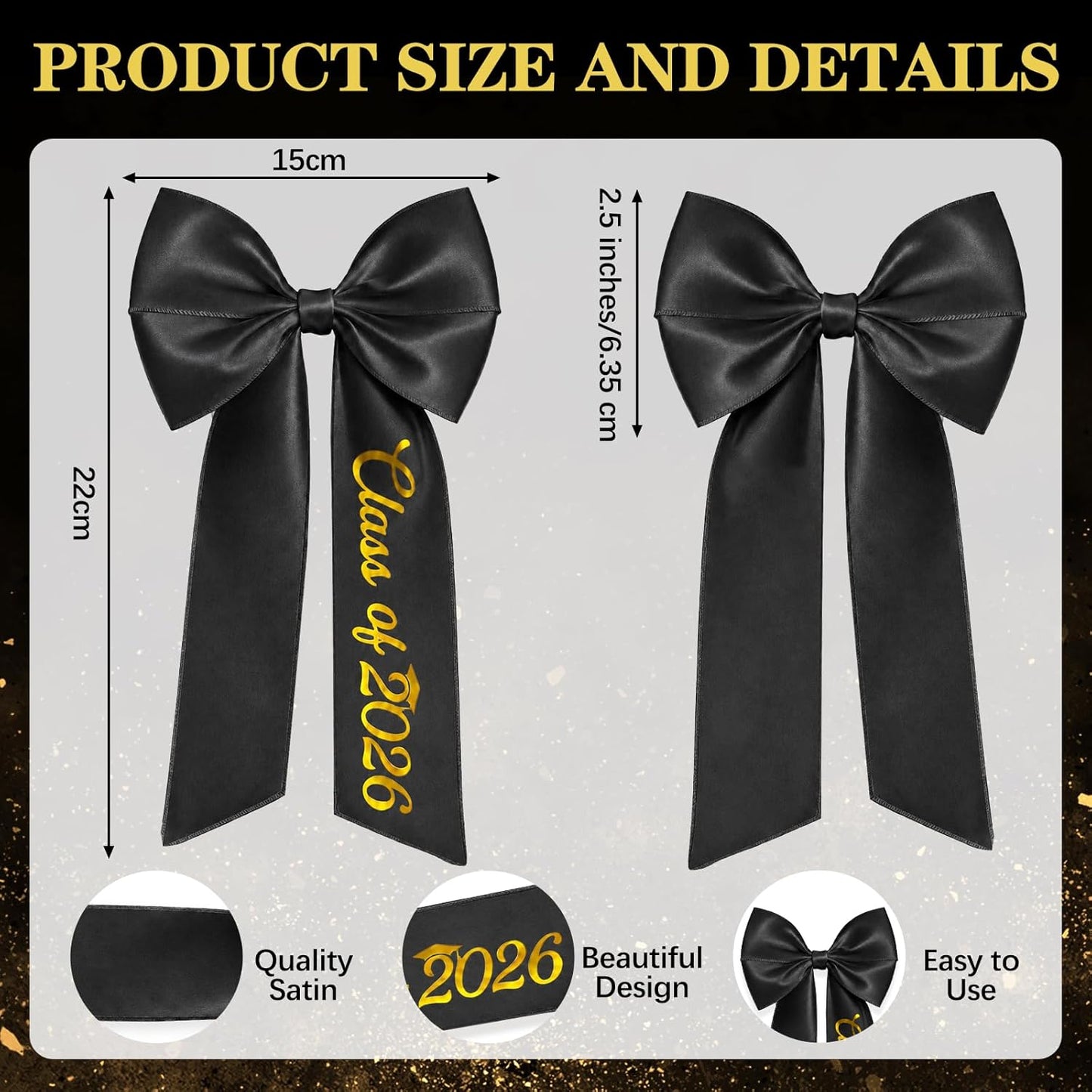 Graduation Cap Bow - Class of 2026 Satin Ribbon Hair Accessory | Black Embroidery Decor