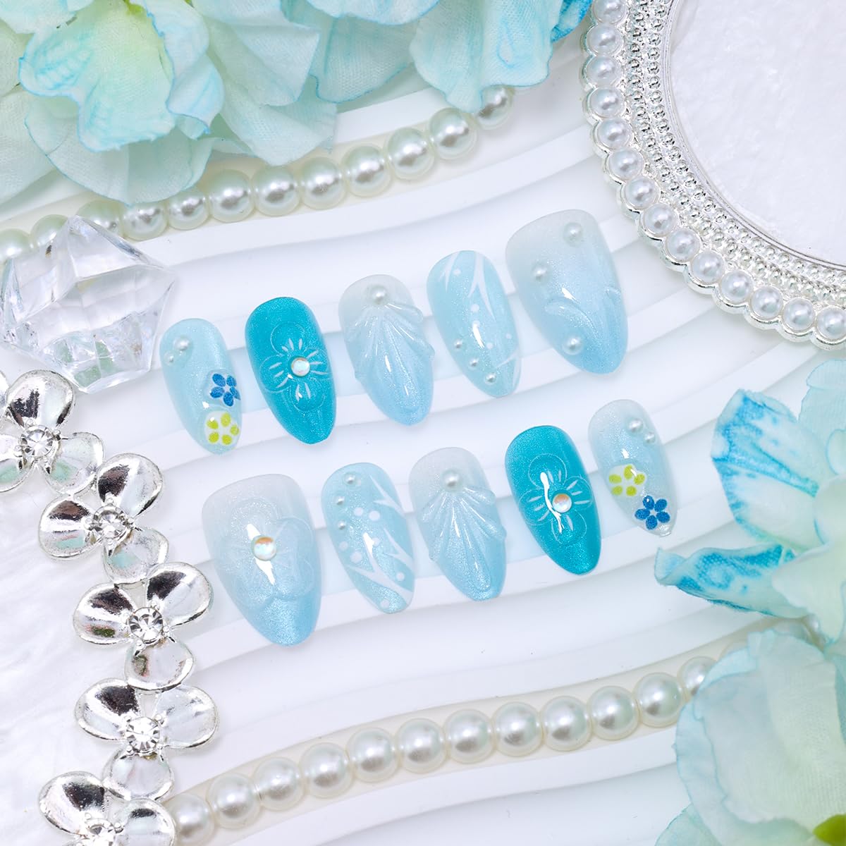 Handmade Press-On Nails - Short Almond Shape 3D Flower & Pearl Design | Blue White Gradient Glitter Acrylic for Summer Weddings