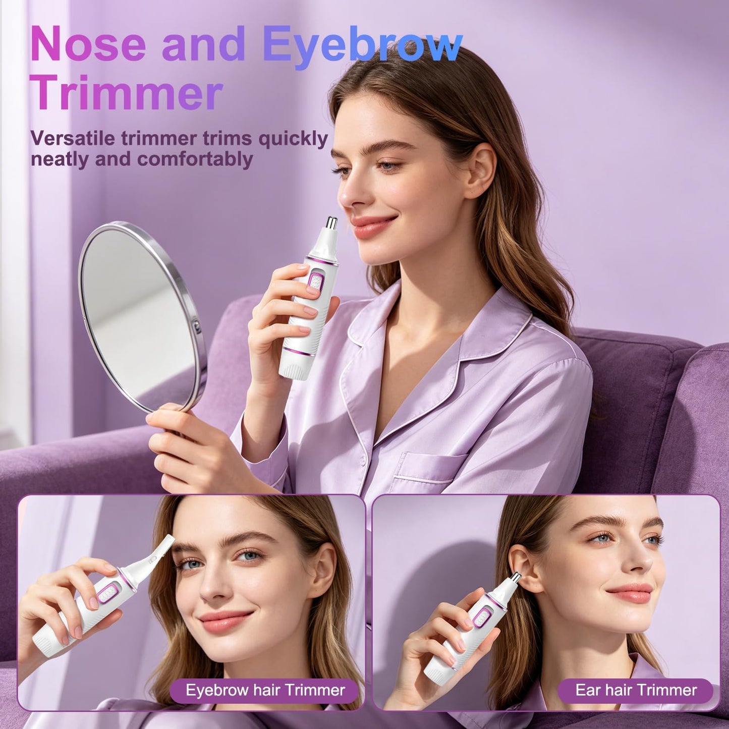 Nose Hair Trimmer for Women - USB Rechargeable 2-in-1 Painless Eyebrow & Facial Hair Remover | IPX7 Waterproof, Dual-Edge Blades