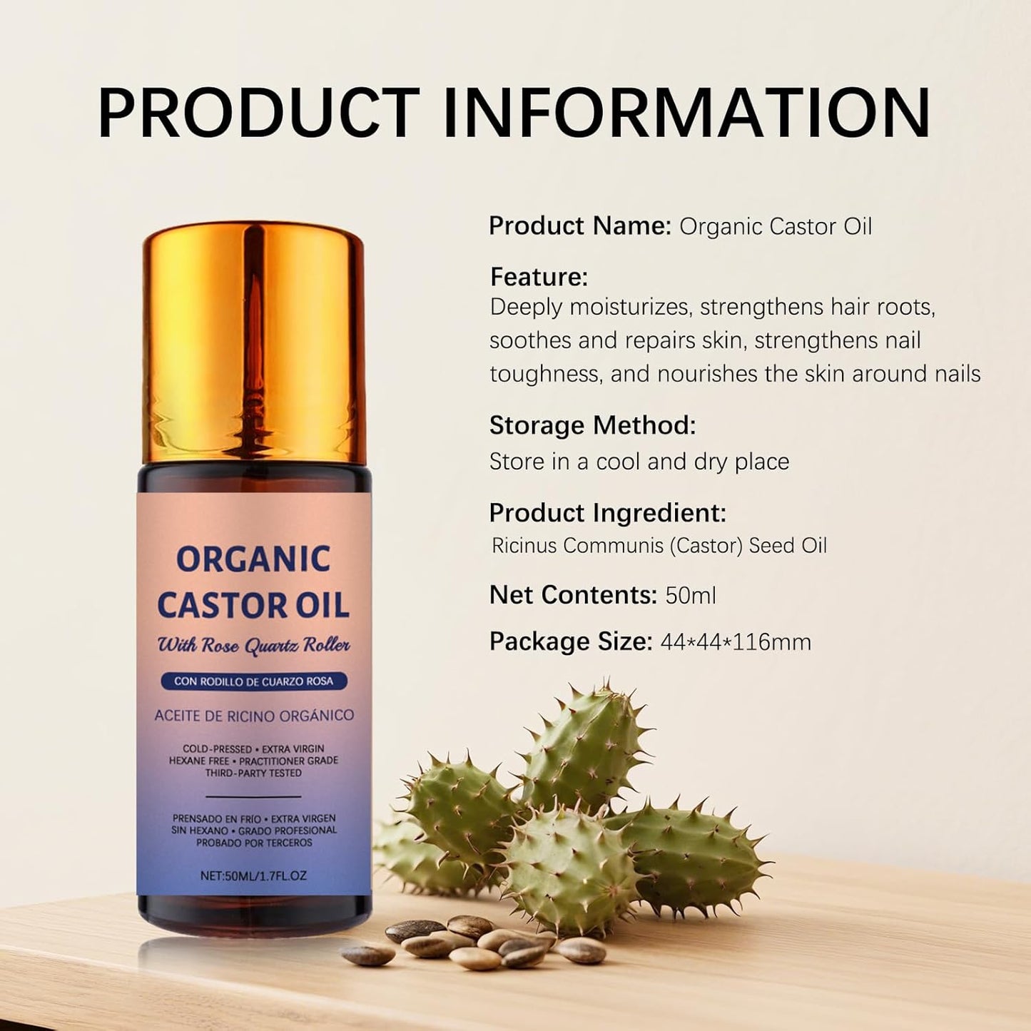 Organic Castor Oil Roll-On - 100% Pure Cold-Pressed for Hair Growth, Eyelashes & Skin Moisturization | 50ml with Rose Quartz