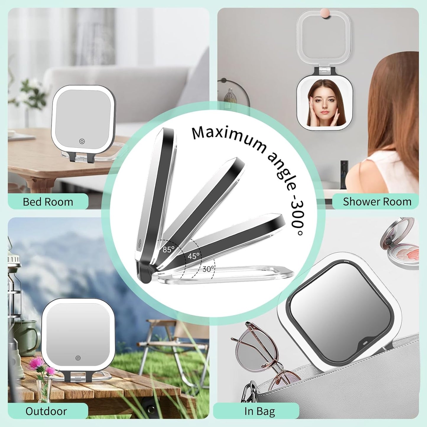Rechargeable Travel Makeup Mirror - 30X Magnification, 7" Lighted Vanity Mirror with 3 Color Lighting & Dimming | Black