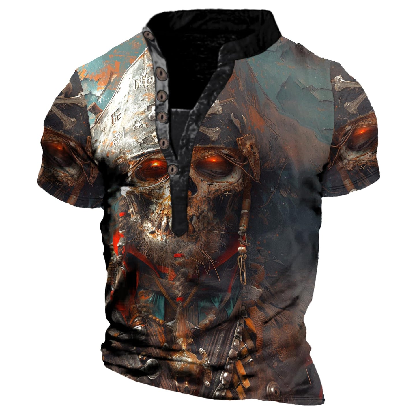 Big and Tall Henley Shirts for Men Skull Print Short Sleeve Pullover Half Button Stand Collared Casual Funny Fashion Tshirts Novelty Gym Workout Slim Fit Tunic Tops for Men,3XL