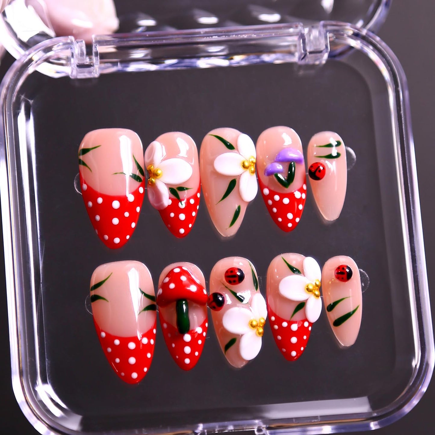 Press On Almond Nails - Handmade 3D Design, Thick Acrylic Gel | Reusable DIY Artificial Nails for Women (10 Pieces)