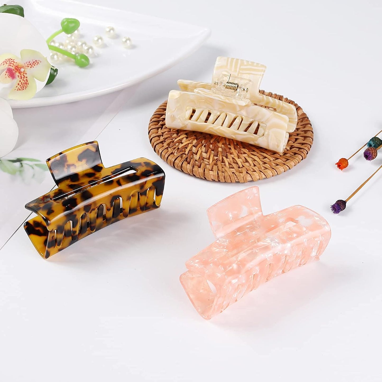 Hair Claw Clips - 8 Pack Tortoise Rectangle Barrettes | 3-Inch Fashion Clips for Women