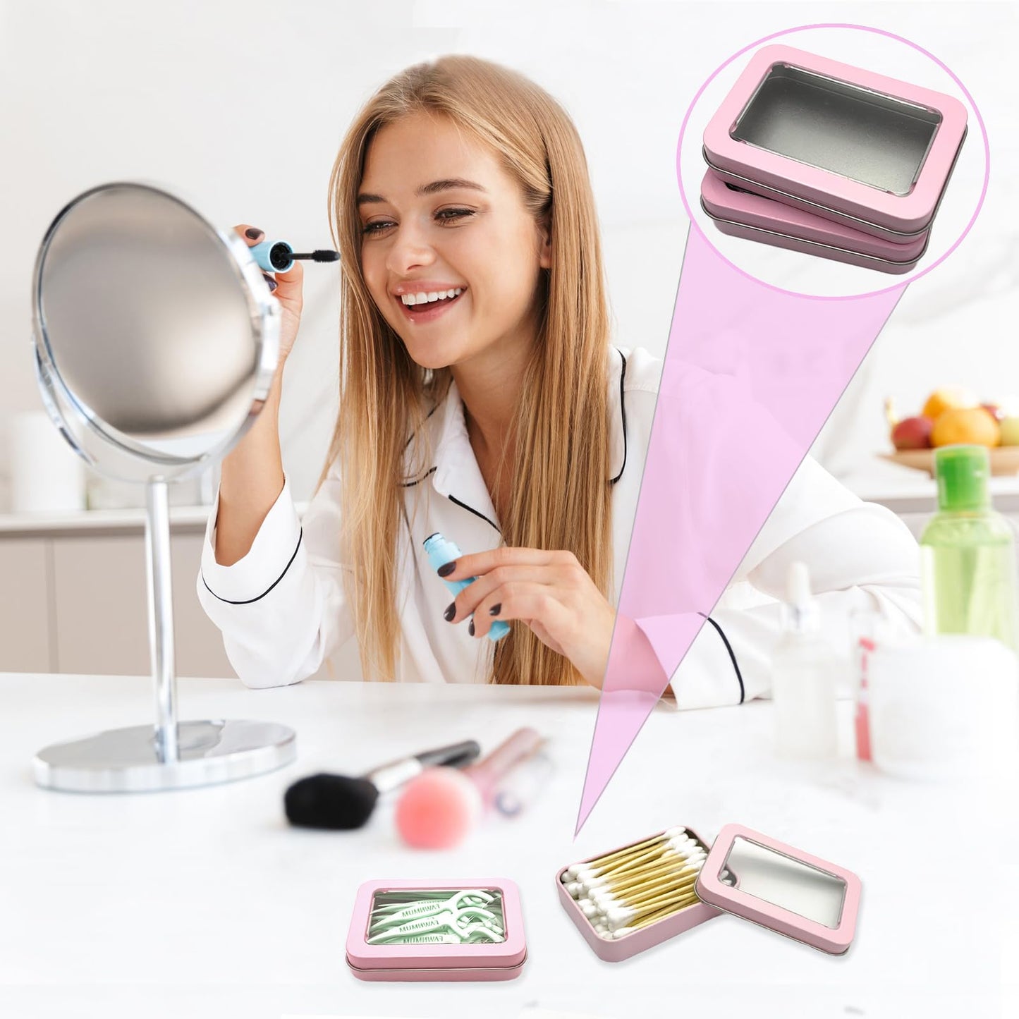 MatFirsmo Cotton Swab Holder for Travel, 2 Pcs Portable Small Dental Floss Holder Empty Metal Cotton Ball Holder, Travel Floss Picks Case with Dustproof Lid for Cotton Swabs Hair Ties Floss, Pink