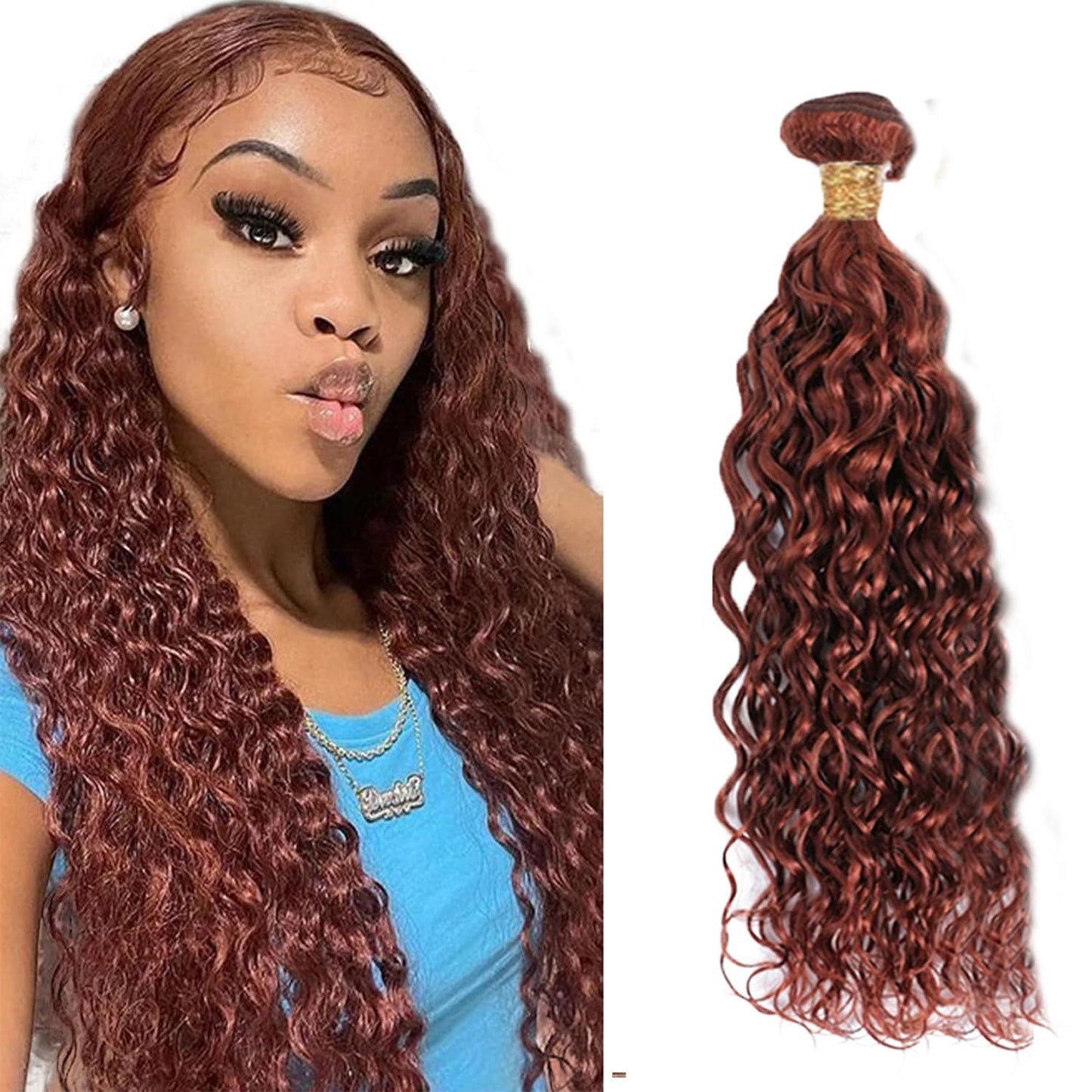 Copper Red Human Hair Bundles Auburn Water Wave Bundles Brazilian Virgin Remy Hair 1 Bundle 26 Inch Double Weft Soft and Silky Color 33 Wet and Wavy Bundle 50g