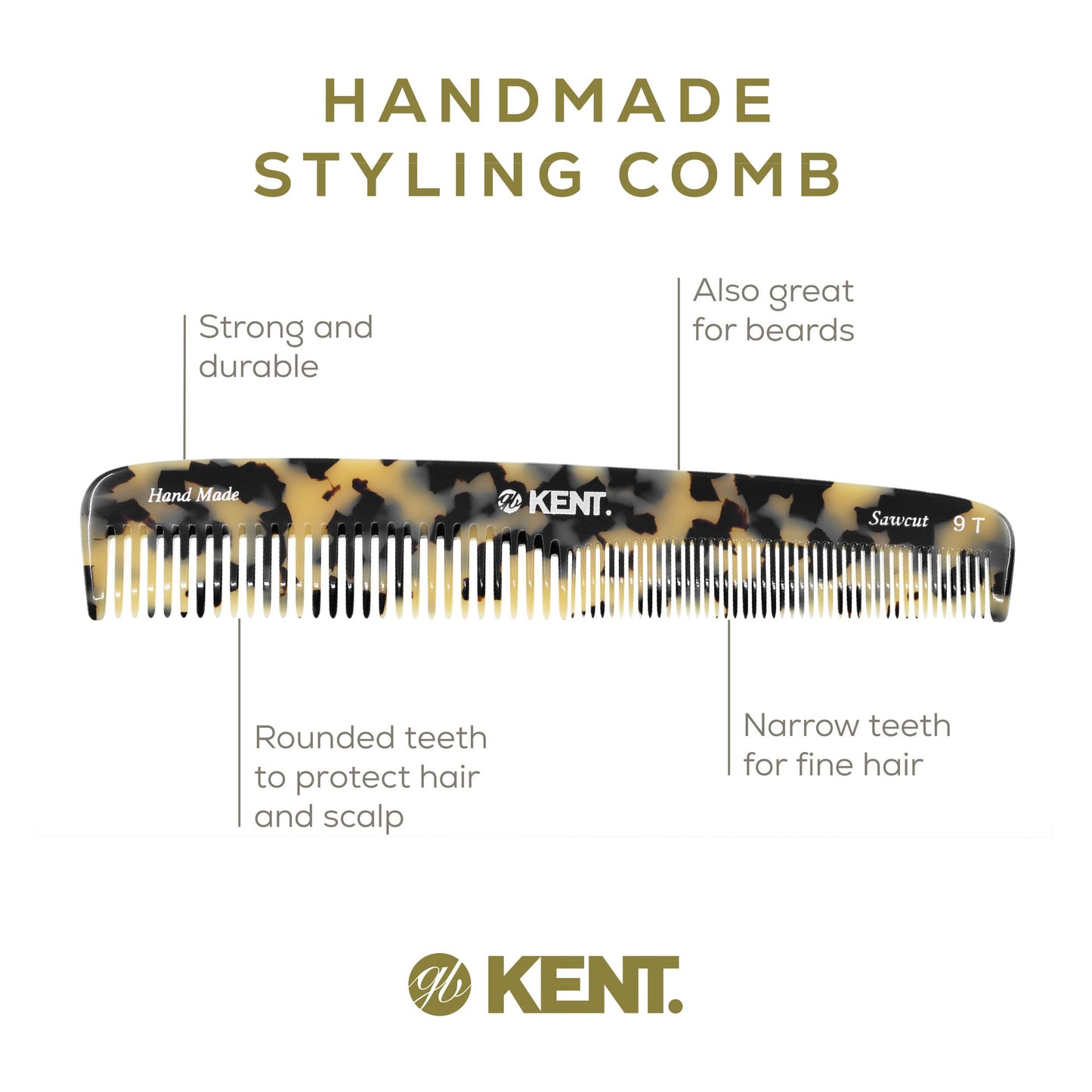 Kent 9T Fine Tooth and Wide Tooth Detangler Comb - Large Handmade Saw-Cut Dressing Comb for Wet Hair and Durable Grooming for Men and Women - Made in England