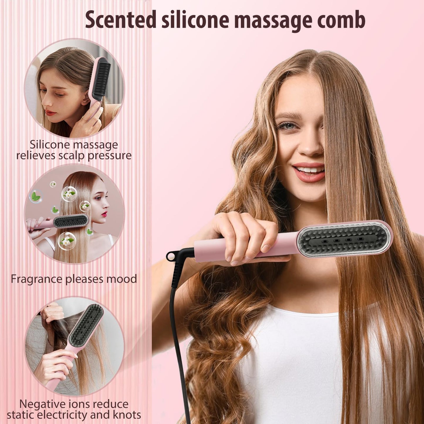 ISTORAGE Hair Straightener Brush, Ring Ionic Hair Straightener Comb Ceramic Straightening Brush for Women with 5 Temps 15s Fast Heating & Dual Voltage, Pink