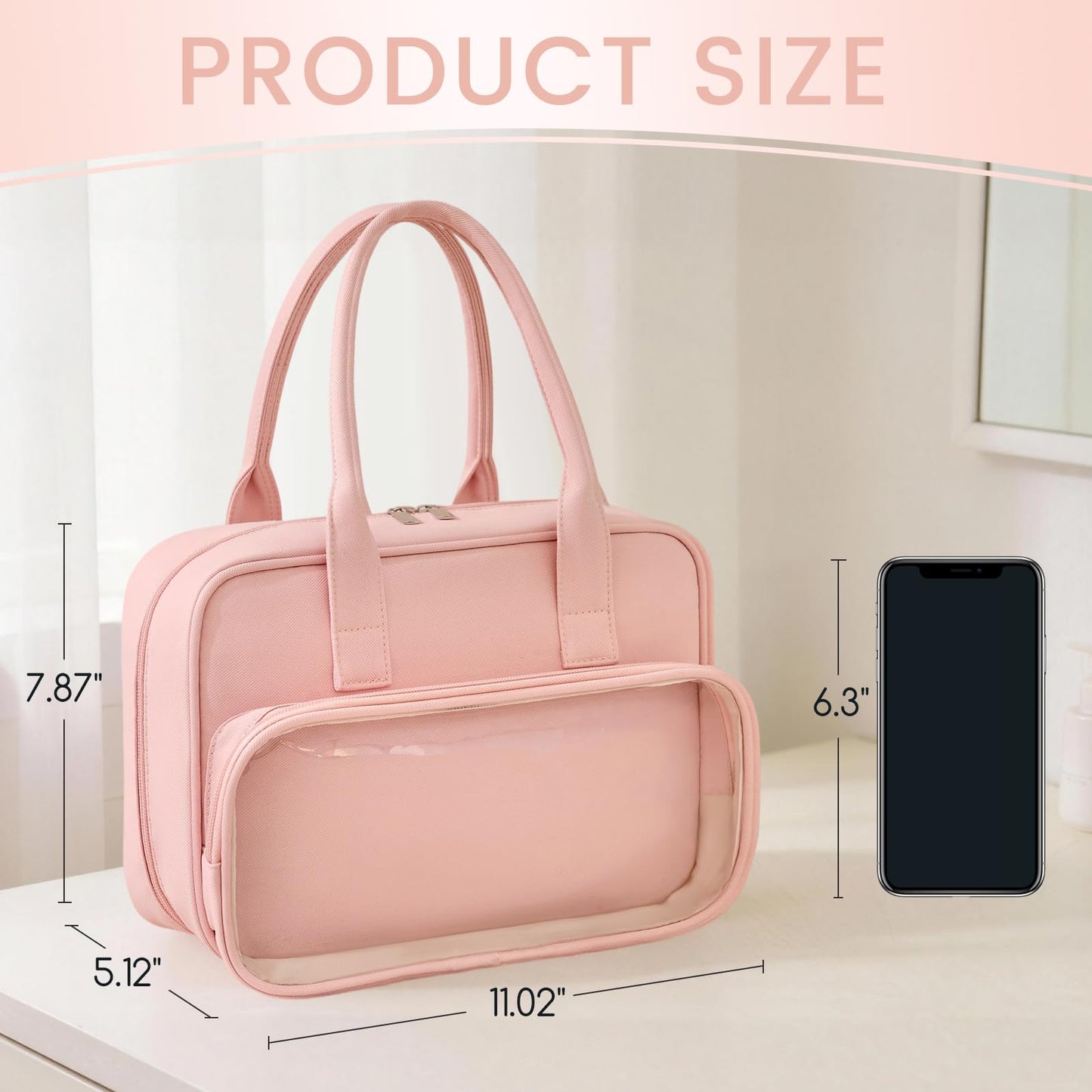 SODEER Toiletry Bag with Clear Window,Lightweight Travel Makeup Organizer with Handle,Ita Bag Style for Cosmetics & Pins,Pink