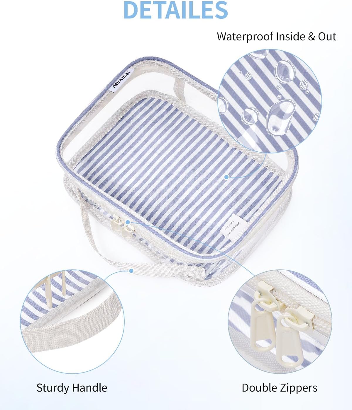 Clear Toiletry Bag - TSA Approved Waterproof PVC Makeup Organizer | Compact Quart Size (Greyish Blue Stripe)