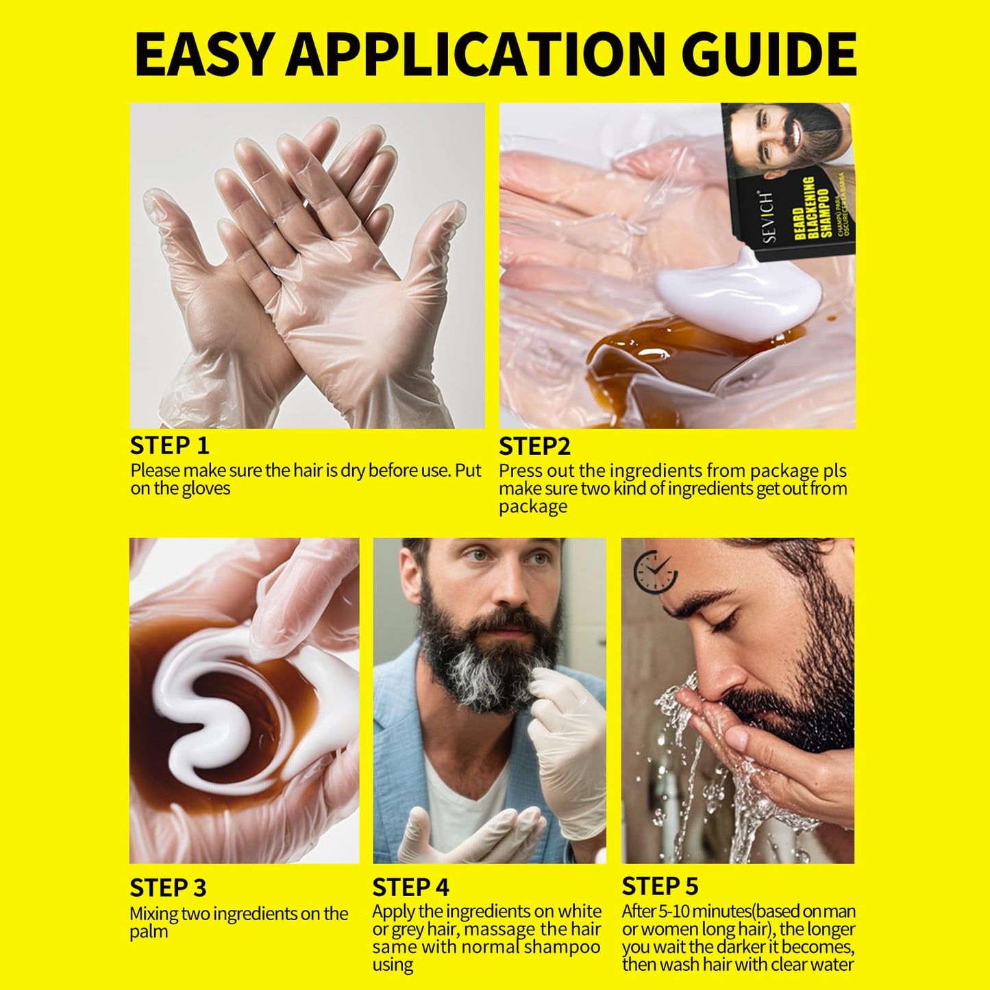 SEVICH Beard Blackening Shampoo for Men - Instant Natural Black Color, Anti-Hair Loss Formula, 10x15ml Travel-Friendly Packets | Safe & Gentle Beard Dye with Nourishing Care
