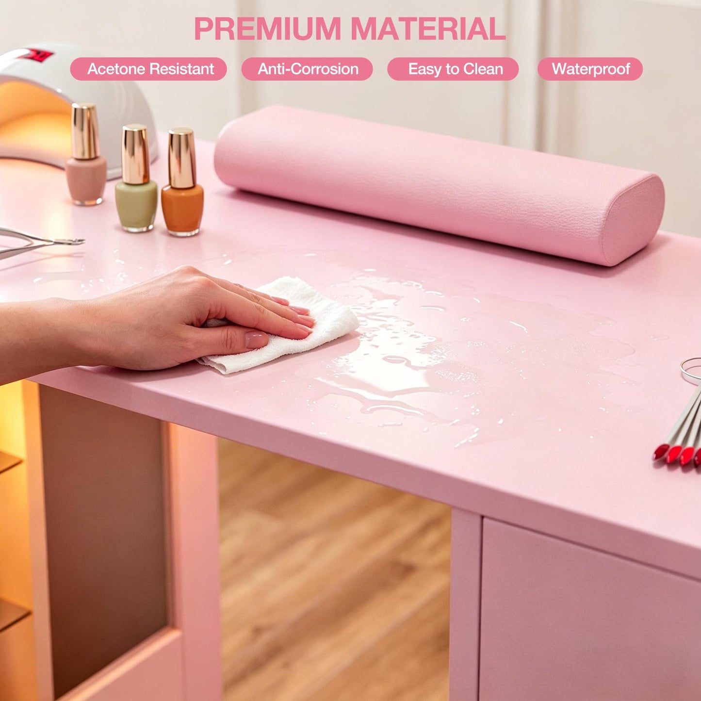 TTGIEET Professional Nail Desk for Nail Tech w/LED Light Display Cabinet, Rolling Manicure Table with Lockable Wheels, Storage Drawers, Wrist Cushion, Acetone Resistant, for Beauty Salon, Spa & Home