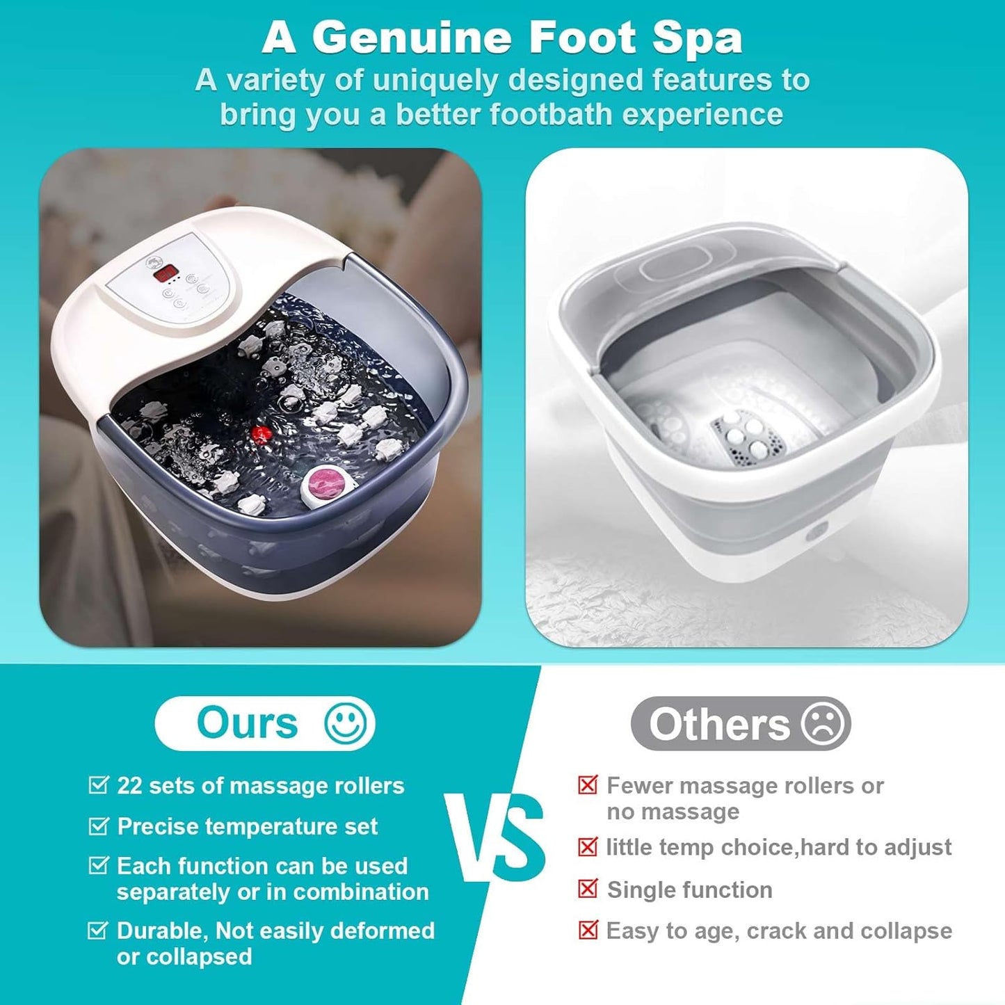 Foot Spa Bath Massager with Heat - 22 Massage Rollers, Temperature Control & Vibration | Relaxing Soaking Tub - Grey