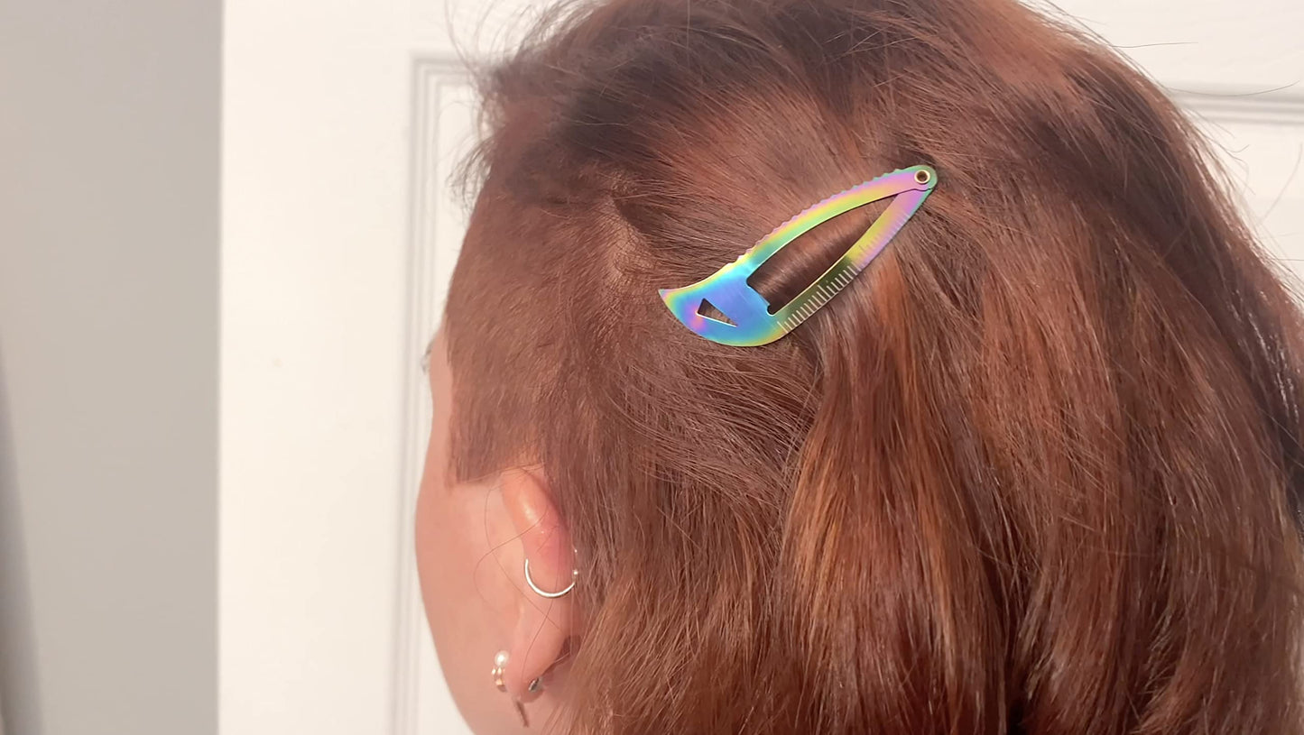 Iridescent Tactical Hair Clips 2.0, 4 Pack - Multitool Snap Barrettes - SUS301 Stainless Steel Multi-Functional Keychain Multi Tool - Nail File, Serrated Edge, Raptor Claw - Kippah Tacticlips