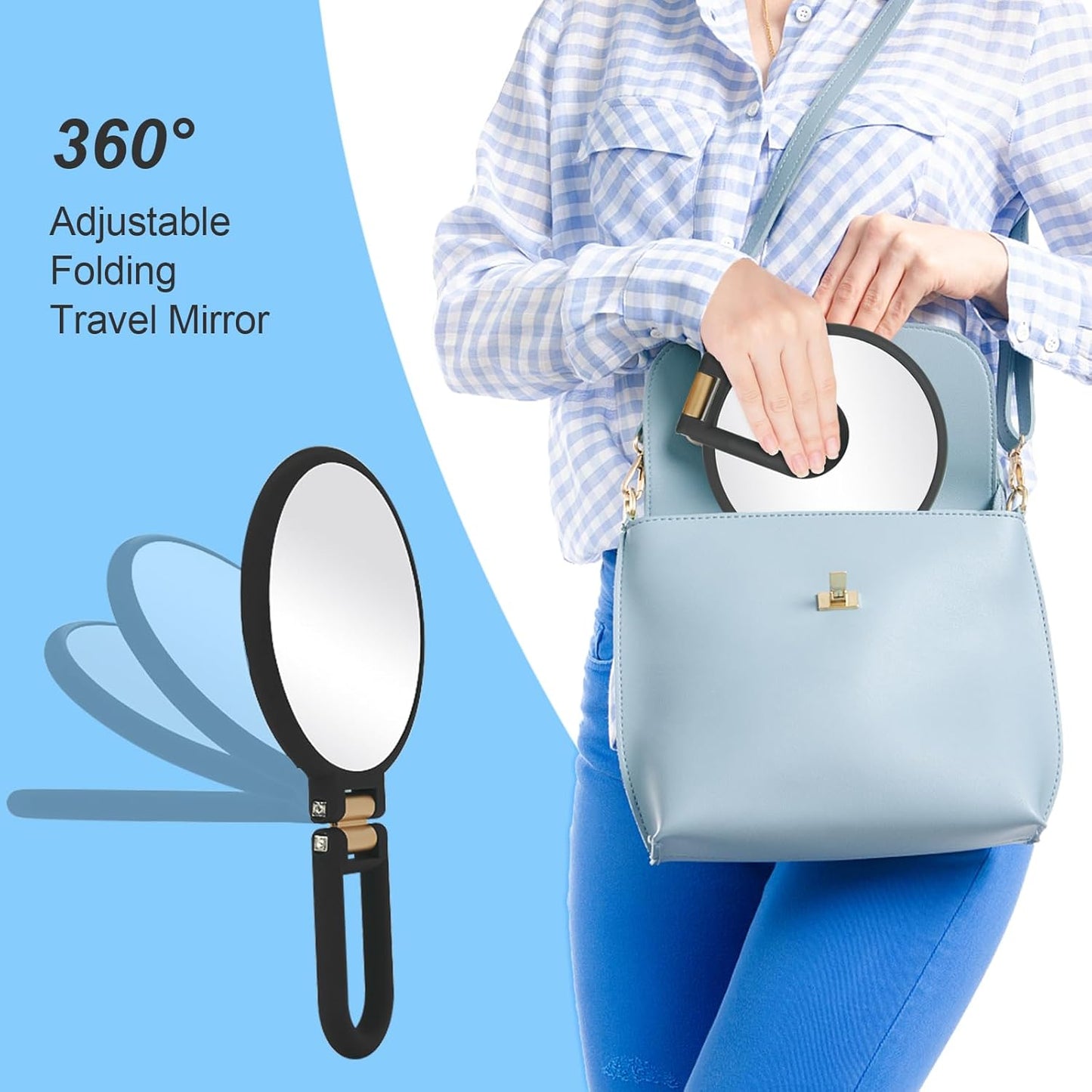 30x Magnifying Travel Mirror - Double-Sided Handheld Makeup Mirror with Adjustable Handle | Foldable Design (Black)