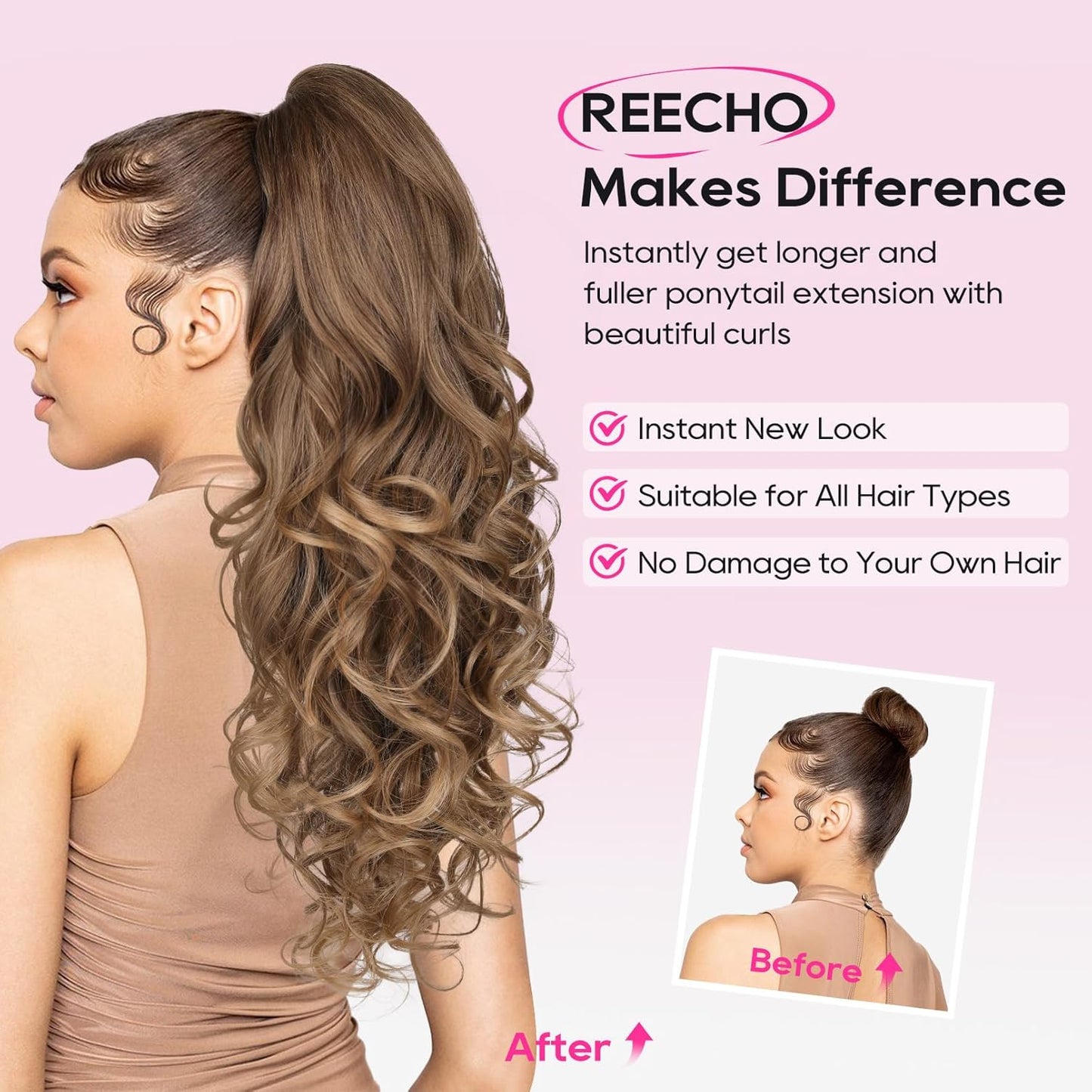 Ponytail Extension - 24" Claw Clip In Long Curly Wavy Hairpiece | Medium Blonde with Highlights