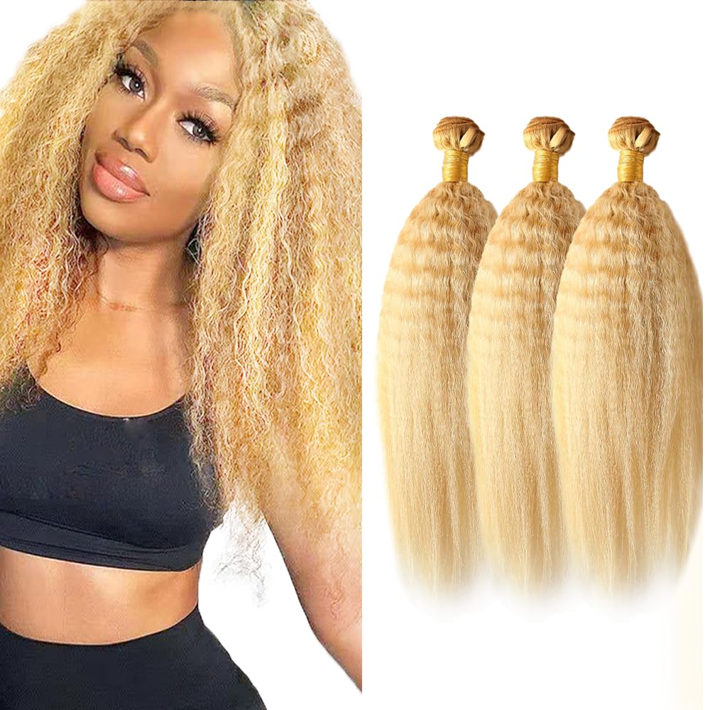 P27/613 Highlight Bundles Human Hair Yaki Straight Bundles 26 28 30 Inch Honey Blonde Unprocessed Brazilian Virgin Hair 3 Bundle 50 Gram Per Bundle Deals Quick Weave Hair Extensions