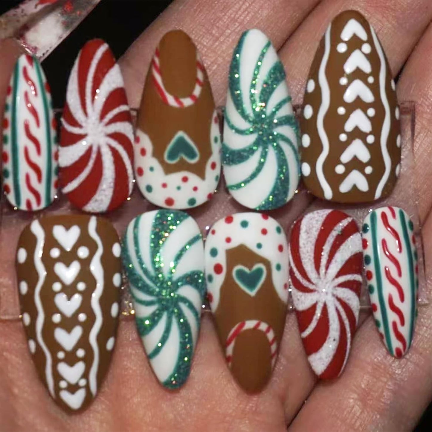 French Tip Press-On Nails - 24 Pcs Medium Almond with 3D Flower & Gold Rhinestones | Full Cover Nude Artificial Nails